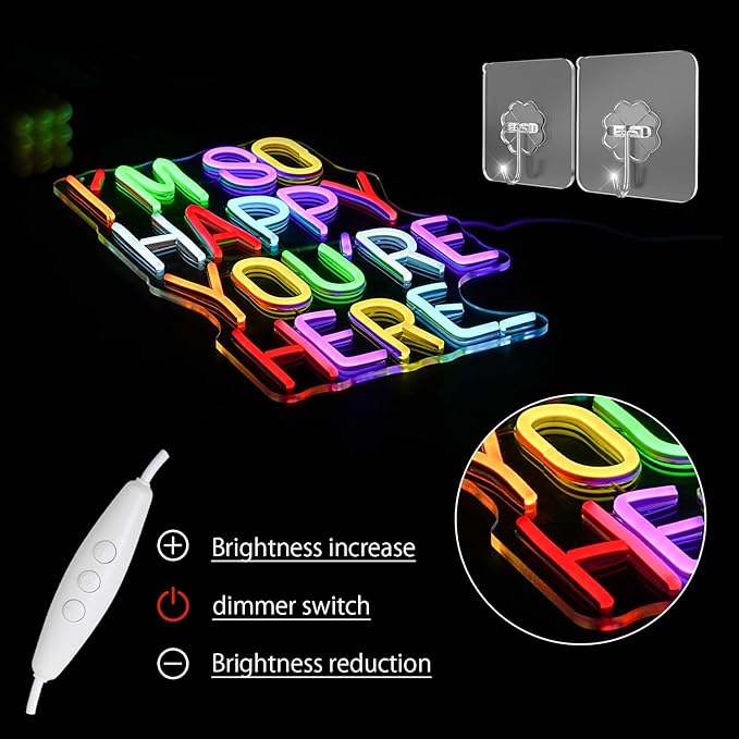 I'm So Happy You're Here Neon Sign Letter Neon Lights up Signs Dimmable Positive Affirmation LED Light for Kids Room Welcome Signs for Classroom Home Business Wall Art Decor (16.5''*10.6'')