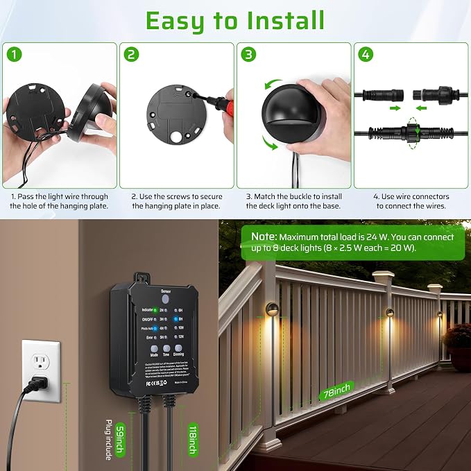 6 Pack Low Voltage LED Deck Lights Kit with Plug-in Transformer, Dusk-to-Dawn Photocell Sensor and Timer, IP67 Waterproof 3000K Outdoor Step Stair Lights for Deck Patio Fence Landscape Lighting