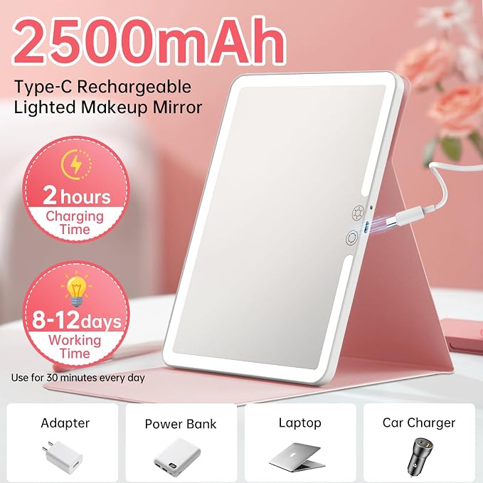 FUNTOUCH 2500mAh Large Rechargeable Travel Makeup Mirror with Lights (Pink) | Portable Makeup Mirror with 10X Magnifying Mirror 3 Lighting Modes, Tabletop Folding Travel Mirror with PU Leather Cover