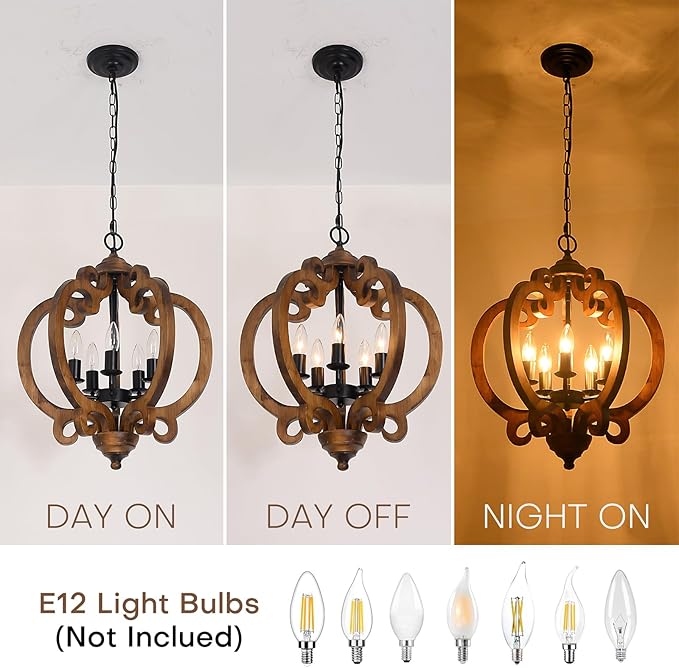 5-Light Rustic Farmhouse Chandelier, Wood Dining Room Light Fixture with Adjustable Chain, Easy Assembly for Kitchen Island, Bedroom, Entryway, Living Room