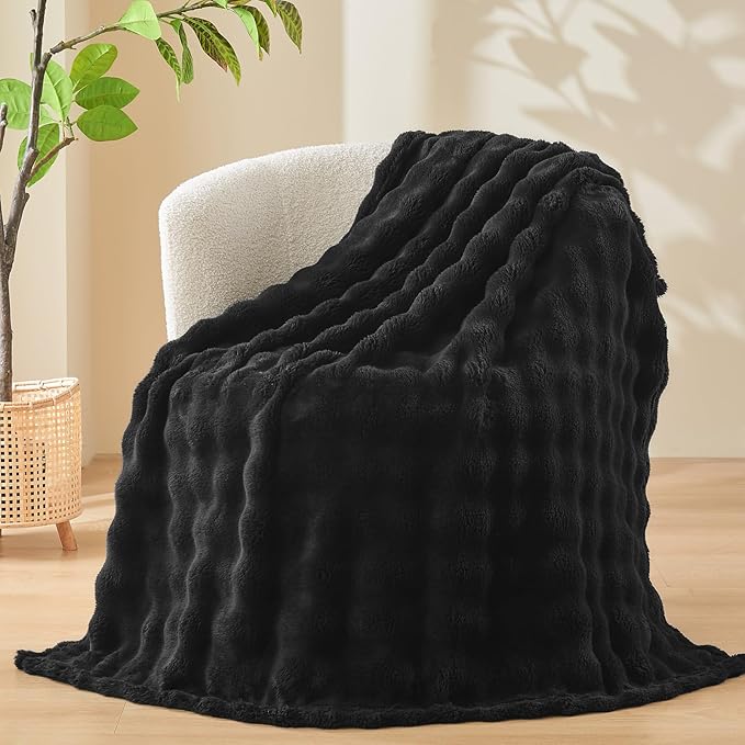 NEWCOSPLAY Throw Blanket for Couch Black Super Soft Flannel Fleece 3D Bubble Lightweight Bed Blanket All Season Use (Black, Throw(50"x60"))