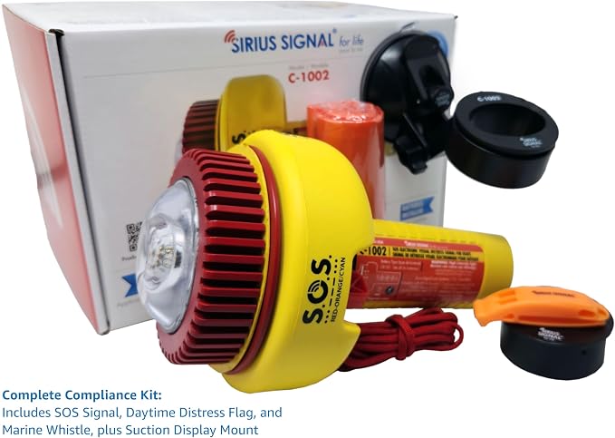 Sirius Signal C-1002 SOS LED Distress Signal, 2-Color + IR - USCG Approved | Electronic Boat Flare Replacement, Bright Two-Color (Red-Orange/Cyan) + Infrared, Includes Mount, Daytime Flag & Whistle