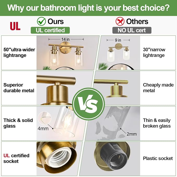 Zarbitta 2-Light Bathroom Light Fixtures, Brushed Gold Vanity Light, Modern Vanity Lights with Clear Glass Shade, Bathroom Wall Lamp for Mirror Kitchen Living Room Hallway Cabinet Porch