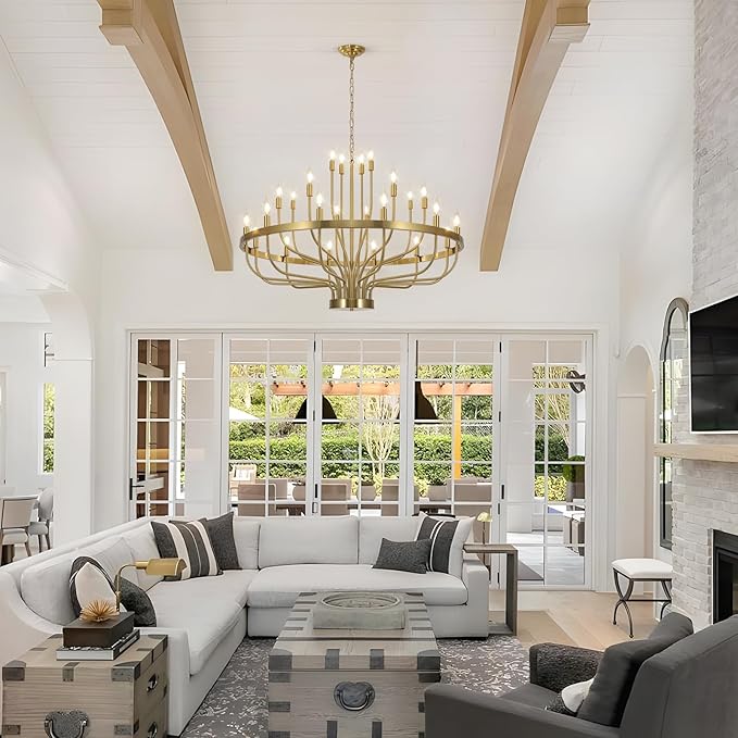 Gold Chandelier 24 Light Large Chandelier for High Ceilings, Farmhouse Wagon Wheel 39in 3-Tier for Dining Room, Hallway, Living Room, Foyer