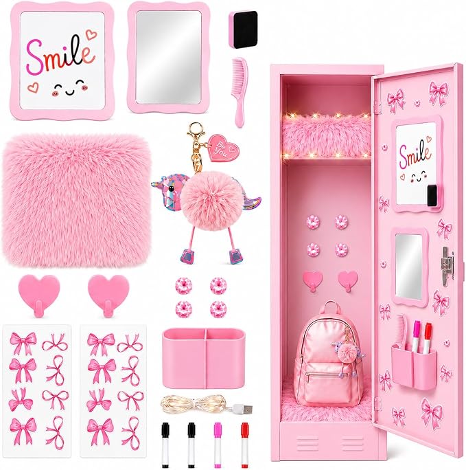 20 PCS Pink Locker Accessories Kit Back to School for Girls | Locker Decorations with Magnetic Mirror Dry Erase Whiteboard Pen Holder Rug String Lights Markers Magnets Hooks and Stickers