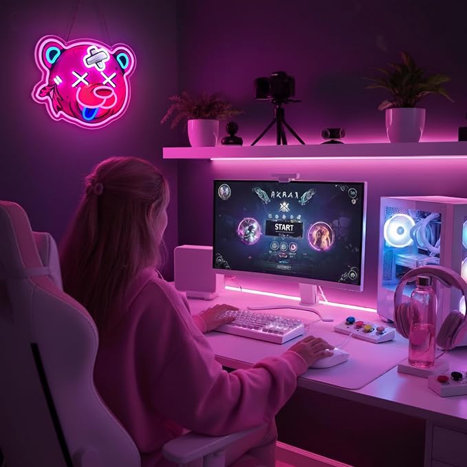 Pink Bear Neon Sign, Bear Head Neon Signs for Wall Decor, Dimmable Acrylic Neon Lights for Girls Room Bedroom Game Room Club Bar Party Decorations, Perfect Gifts