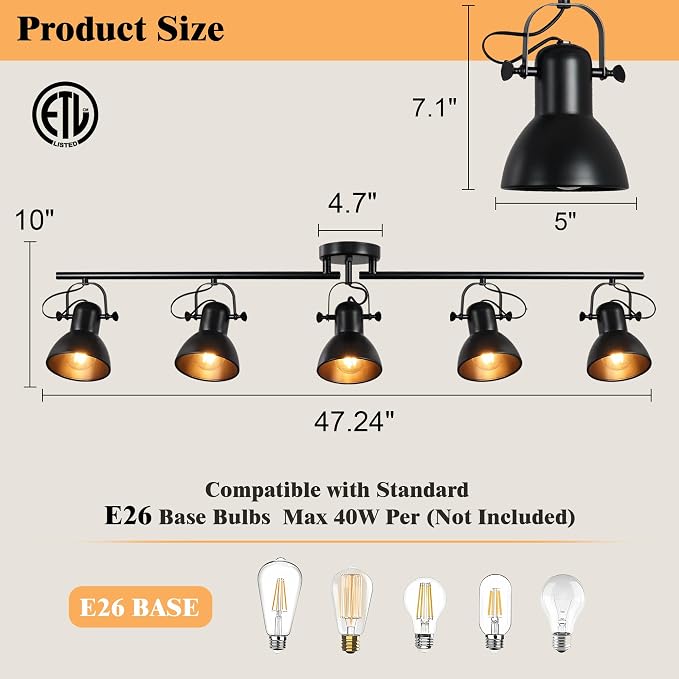 5-Light Kitchen Track Lighting Fixtures Ceiling, Black Semi Flush Mount Track Ceiling Light with 5 Flexibly Rotatable Lighting Heads Track Lighting Kit Ceiling Spot Lighting, Dia 47.24in