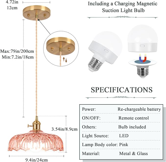 Battery Operated Pendant Light,Vintage Light Fixtures RGB Light Bulb 2500mAh 9.4in Pink Modern Chandelier with Remote Control Wireless Adjustable Rechargeable Chandelier for Kitchen Island 1Light