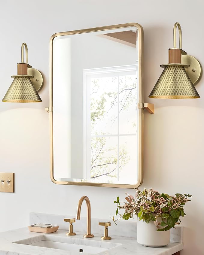 Antique Brass Wall Sconce, HWH Hammered Barn Wall Light Fixtures, 1-Light Single Sconce Vanity Light, Farmhouse Wall Lamp for Bedroom Bedside Kitchen Hallway, Hammered Metal Shade, 5HZG74B-L BG
