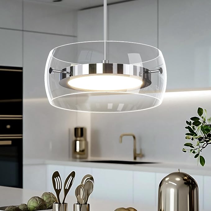 Modern Pendant Lights Kitchen Island, Dual-Sided LED 3-CCT Dimmable Glass Hanging Lighting Fixture, Adjustable Cable for Dining Room, Bar, Over Table, Sloped Ceiling Chrome Silver