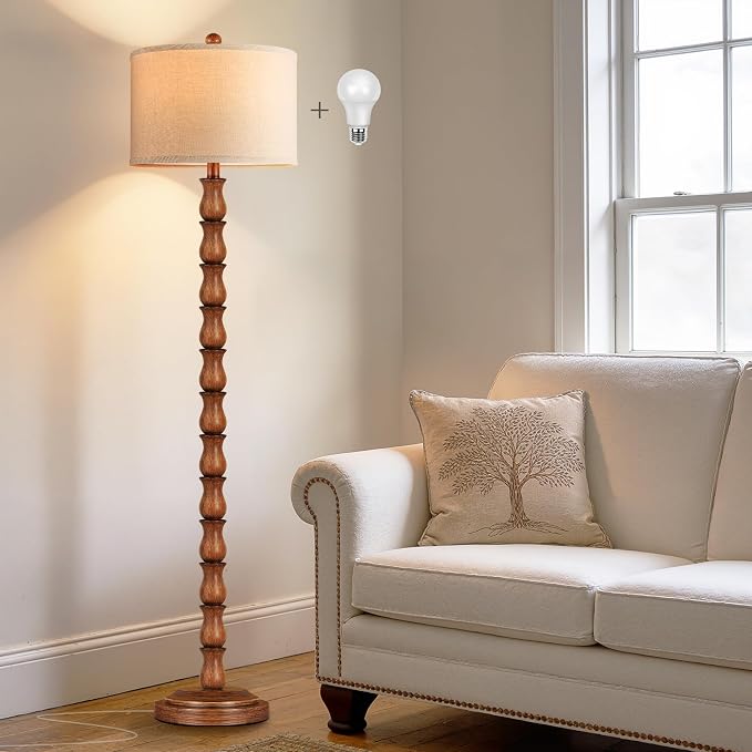 63.5" Rustic Floor Lamp for Living Room, Farmhouse Floor Lamp with Rotary Switch & Linen Shade, Vintage Resin Tall Standing Lamp for Bedroom Corner Office Home Decor, Light Walnut (LED Bulb Included)