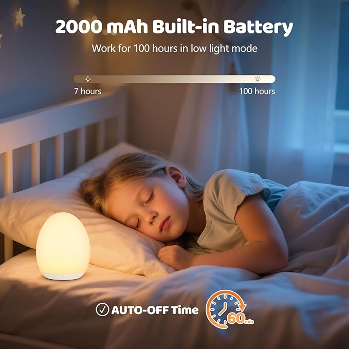 Night Light for Kids, 7 Colors Changing Egg Light for Nursery | Stepless Dimming, Soft Silicone Touch Night Lamp with 1 Hour Timer, Rechargeable Nursery Night for Breastfeeding