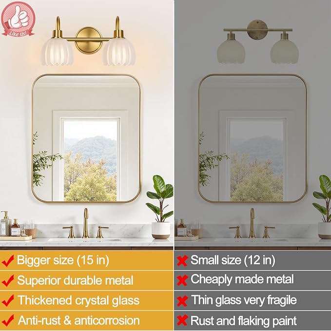 2-Light Bathroom Vanity Light, Brushed Gold Bathroom Light Fixtures with Ribbed Frosted Clear Tulip Glass Shades, Vanity Light Fixtures Over Mirror for Bedroom, Living Room, Hallway