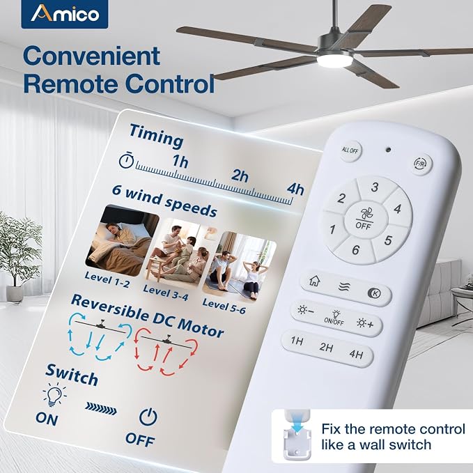 Amico 62 Inch Ceiling Fans with Lights and Remote, Walnut | 6 Speed Reversible DC Motor, 3CCT, Dimmable, Quiet, Timer, Large Modern Ceiling Fan for Living room, Indoor/Outdoor