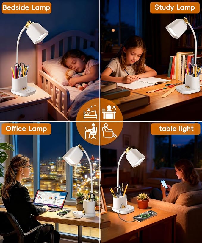 LED Desk Lamps for Home Office with Charger, Organizer, Desk Light Table Lamp for Bedroom, Study, Reading, Work, Nail, Gooseneck Small Desk Lamp for Artist, Puzzle, Drawing, Eye-Caring LED Office Lamp