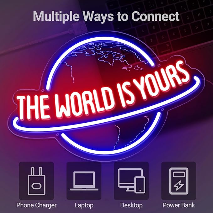 The World Is Yours Neon Sign, Remote Dimmer Planet LED Neon Light Lamp for Wall Decor, USB Power for Man Cave Home Bar Bistro Club Cafe Wedding Game Room Bedroom Birthday Gift Graduation Party