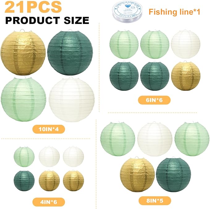 21Pcs Hanging Paper Lanterns, 4/6/8/10 Inch Sage Green and Gold Paper Lanterns Decorative, Hanging Lanterns for Wedding Birthday Baby Shower