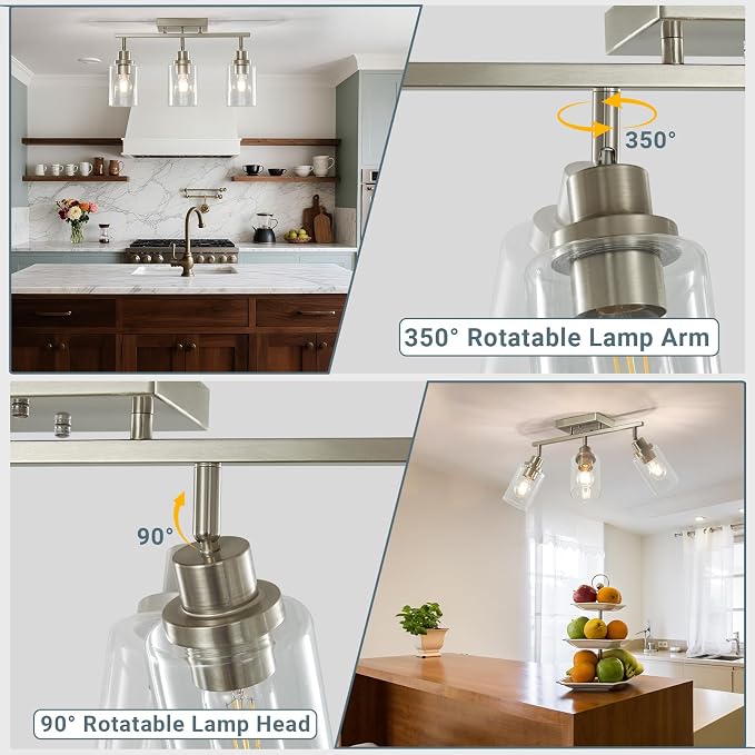 LOUSACE 3-Light Brushed Nickel Track Lighting Kit with Clear Glass, Modern Track Light Fixtures Flush Ceiling Mounted, Tracking Vanity Lighting Rotatable Spotlight for Kitchen Bathroom Accent Shop