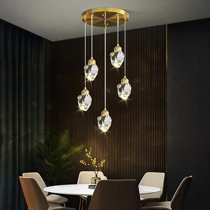Modern Crystal Pendant Light, 3-Color LED Gold Ceiling Hanging Lamp, for Kitchen Island Bedroom Living Room Dining Room Lighting (5-Head Round Base)