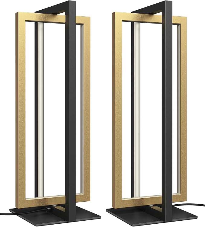 EDISHINE LED Table Lamp Set of 2, Modern Dimmable Nightstand Lamps, Gold | 3 Color Temperatures, MAX 750LM, Angle Adjustable, Dual-Frame Rectangle, Ideal for Living Room, Bedroom