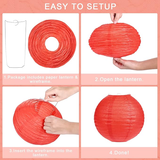 LIHAO 20 Pack Red Paper Lanterns, 4 Assorted Sizes Round Hanging Decor | Chinese New Year, Lunar New Year, Red Chinese Lantern, Wedding or Birthday Party, Metal Frames Included