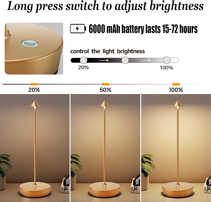 Rechargeable Cordless Table Lamp, Portable Powered LED Battery 6000mAh Metal USB Desk Lamp, 3 Levels Brightness Light for Restaurants Outdoor (Gold)