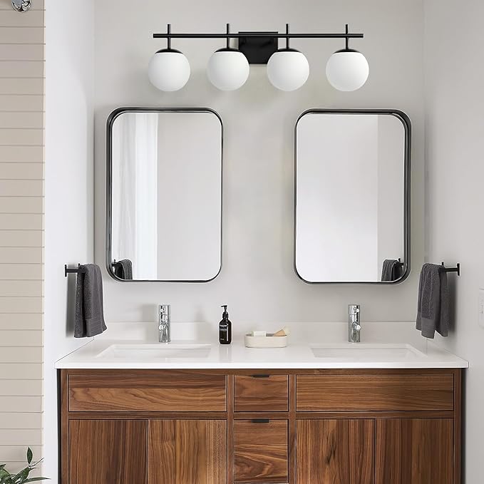 Bathroom Lighting Fixtures Over Mirror, 4-Light Matte Black Vanity Light, 30.7 Inch Modern Bathroom Light Fixtures with Milky White Glass Globe Shade Bath Vanity Lighting Fixtures Wall Sconce