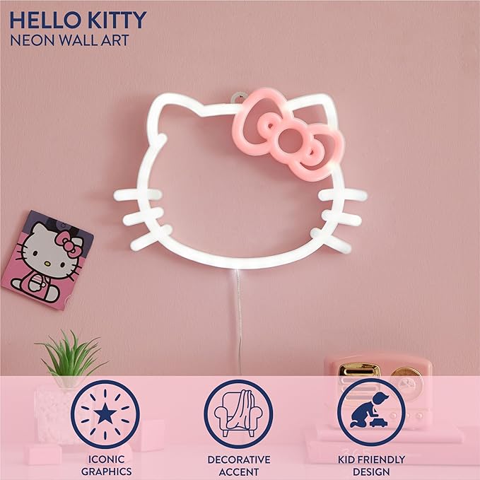 Hello Kitty LED Neon Wall Light,Figural Light-Up Wall Hanging Décor,Battery Operated,Cute Night Light for Kids Bedrooms