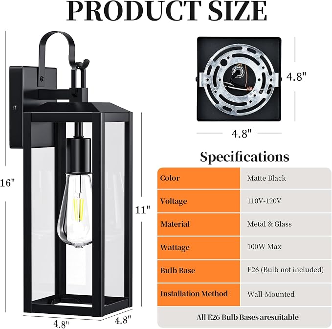 16'' Outdoor Wall Lights 2 Packs, Black Exterior Lighting Fixtures | Large Front Porch Light Outside Lights for House, Waterproof Modern Outdoor Sconce Lanterns, Farmhouse Garage Door Light