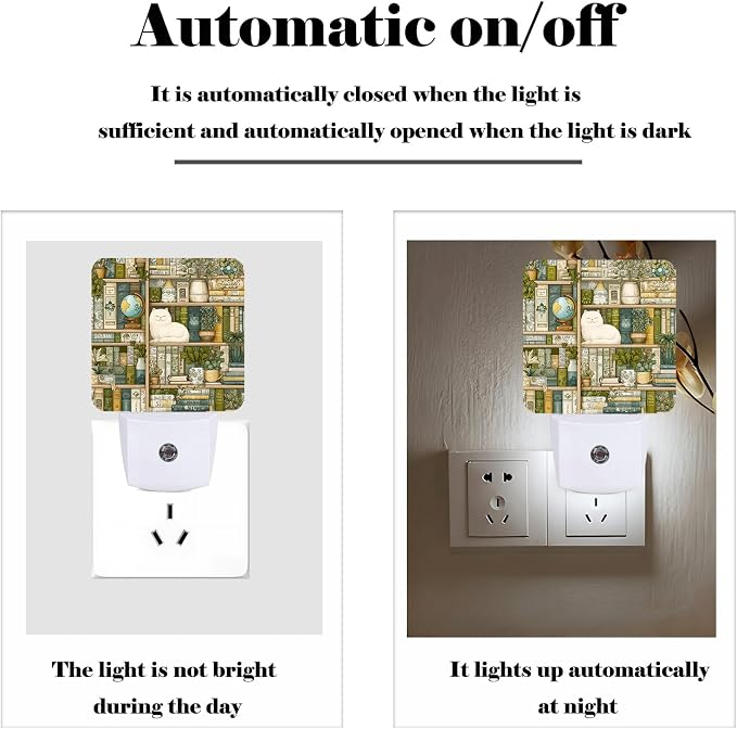 Cat and Bookshelves Night Light,Plug-in Nightlights Auto Sensor Night Lamp Dusk to Dawn Lamp Home Decor for Nursery Children Girls Boys