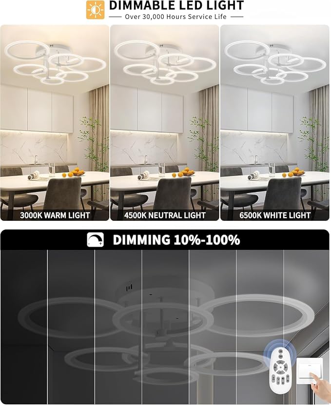 Smart LED Ceiling Light, 7-Ring Modern Flush Mount Fixture, 130W Dimmable 3000K–6500K, WiFi Alexa & App Control, White Ceiling Light for Living Room Bedroom Kitchen (31.8")