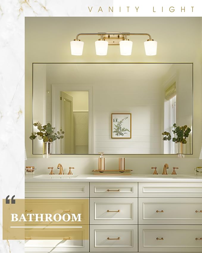 Bathroom Light Fixtures Over Mirror, 4-Light Brushed Gold Vanity Lighting Fixtures with Milk White Glass, Farmhouse Champagne Bronze Wall Sconces Lighting, AD-22004-4W-GD