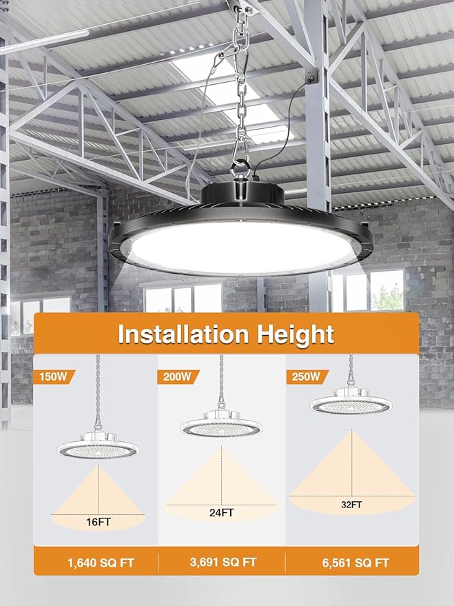UFO High Bay Light 200W 5000K 30000LM 150LM/W (Eqv.800W Mh/Hps/Hid) Including Safe Rope and Plug 5ft Cable Shop Lights for Garage led Super Bright, Easy Install High Bay Lights 10Pack