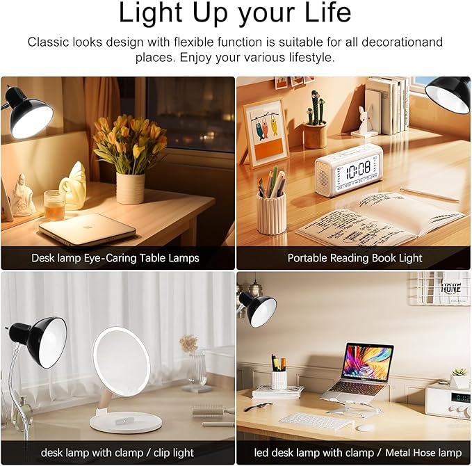 Desk Lamp, Eye Protection Clip on Light, LED Clamp Lights, Adjustable Clip Lamp, for Bedroom and Dorm Study, Late-Night Reading, Cramming for Exams Small Areas Lights, White Light