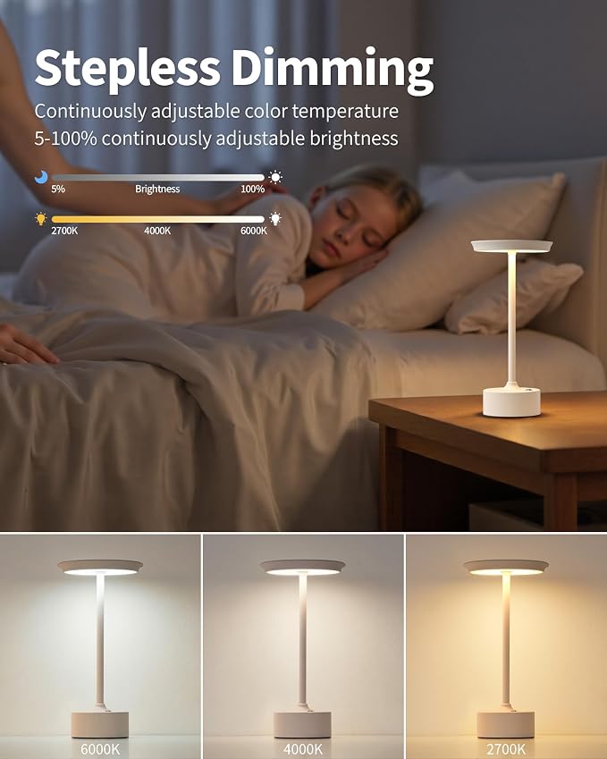 PUSU Rechargeable Table Lamps Set of 2, White Cordless Portable Desk Lamp | 4000mAh Battery, Stepless Dimming & 3 Color 2700K-6000K, LED Lamp for Bedroom, Living Room, Restaurant, Outdoor, Night Light