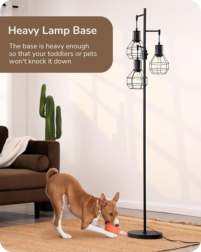 EDISHINE Dimmable Farmhouse Floor Lamp, Industrial Standing Lamp for Living Room, 3 LED Edison Bulbs Included, Black Corner Rustic Tall Tree Reading Lamps Home Decor for Bedroom, Office