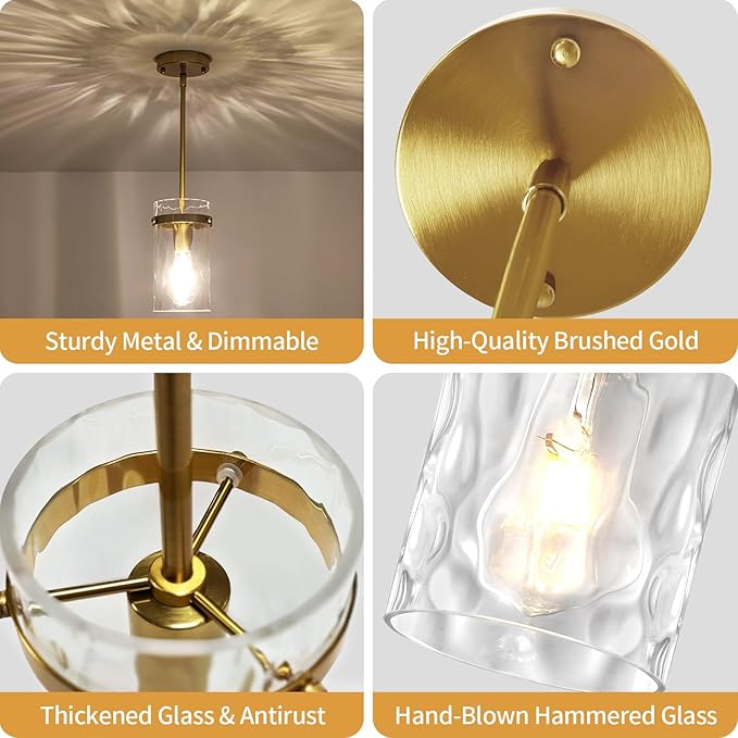 2 Pack Brushed Gold Pendant Lights Kitchen Island, Hammered Glass Kitchen Pendant Lighting Over Island Hanging Hallway Light Fixtures Adjustable Modern Pendan Light for Bathroom Entryway Dining Room