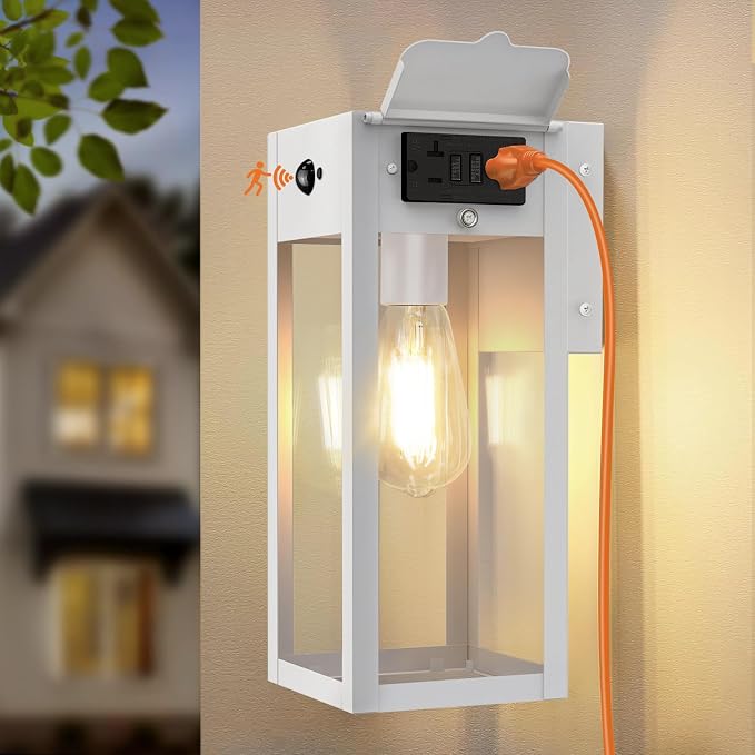 Porch Lights with GFCI Outlet, Motion Sensor Outdoor Lights | Dusk to Dawn, Anti-Rust, Waterproof, Tempered Glass, Easy Installation, E26 Socket, Exterior Lighting for Patio Garage, White