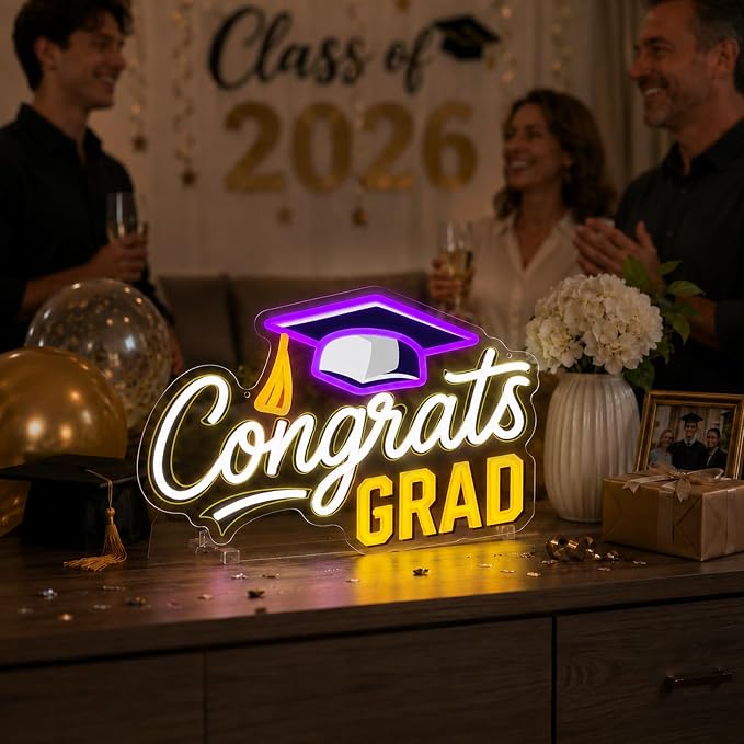 Congrats Grad Neon Sign Dimmable LED Graduation Party Wall Decor | Congrats LED Neon Light with Graduation Cap for Classroom, Dorm, Prom Backdrop, Graduation Party Decorations & Gifts
