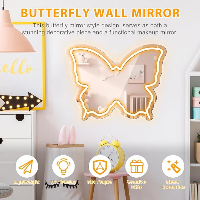 Butterfly Neon Sign Mirror, LED Neon Signs for Wall Decor, 15.7'' x 12'' Dimmable Neon Light for Teen Girls & Kids Birthday Party Gift, Neon Sign for Girl Room Decor, Wall Mirror, USB Powered (Warm White)