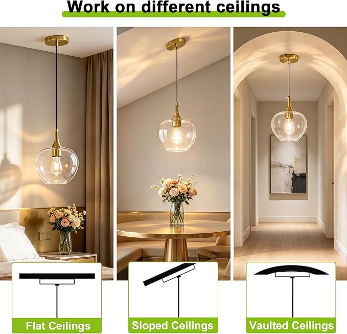 9.45in Gold Pendant Lights Kitchen Island with Clear Glass Shade 1Pack | Handcrafted Glass Pendant Light Fixtures, UL Certified, E26 Base 100W Max, Height-Adjustable, Dimmable Hanging Pendant Light
