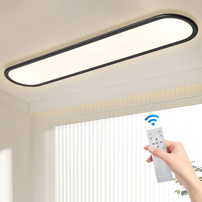 55.1" High Brightness Linear LED Ceiling Lamp, 60W Dimmable Low Profile Flush Mount LED Flat Panel Long Ceiling Light Fixture for Kitchen Office Laundry Shop, Black