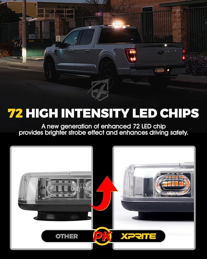 Xprite Upgraded 12" 72LED Rooftop Mini Strobe Lights, Emergency Safety Flashing Beacon Light bar with Magnetic Base for 12V-24V Construction Vehicles, Trucks, Snow Plow, Postal Car (Amber)