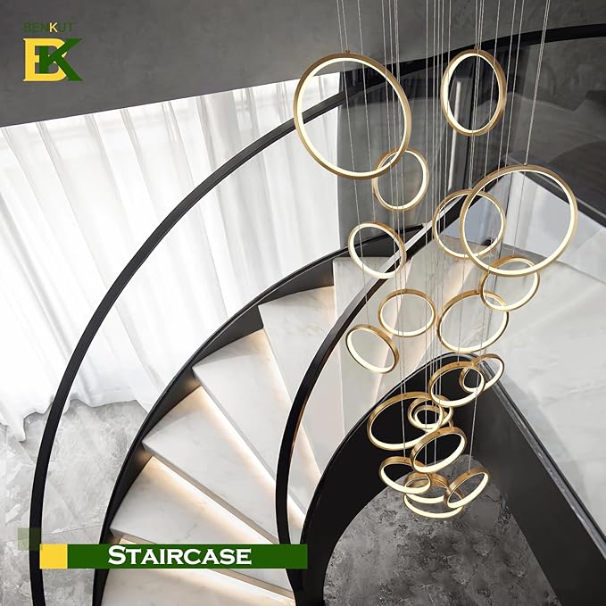 20 Ring High Ceiling Chandelier Foyer, Gold Modern LED Large Staircase Long Chandeliers Light Fixture with Remote for Staircase Entryway Living Room Dining Room(118in, 3000K-6500K)