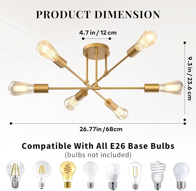 Modern Sputnik Chandelier Ceiling Light Fixtures, 6-Lights 22” Mid Century Industrial Metal Semi Flush Mount for Dining Room, Bedroom, Living Room-Gold