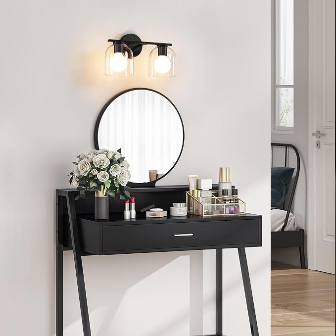 WOSHITU Bathroom Vanity Light Fixtures: 14.2 Inch Modern Black Vanity Lighting Fixtures Over Mirror with Clear Glass Shade, Matte Black 2 Light Fixtures for Bathroom Above Mirror, Wall Mount Sconces