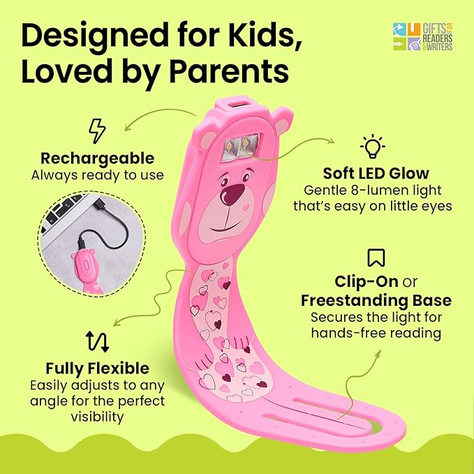 Gifts for Readers & Writers Rechargeable Book Light for Kids, Clip On Reading Light for Bed, 2in1 Flexilight Pals & Bookmark, 12 Hours of Light Once Charged, Includes USB Cable & 2 LED Lights, Bear