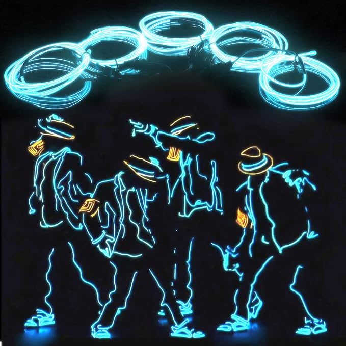 EL Wire 5in1 Bright Neon Glow Rope Lights Strip DIY Cuttable 3.3ft Blue | Portable Wearable Body Lights for Party Game Cosplay Costume Halloween Christmas Burning Man Festival -1 Battery Pack 5 Lines