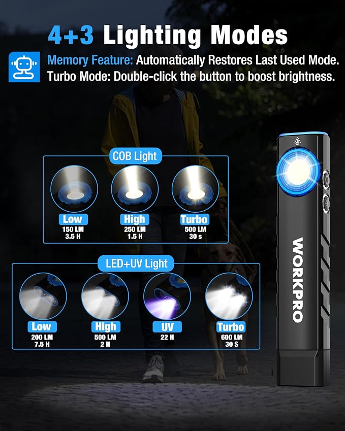 WORKPRO Rechargeable Pocket Flashlight, Magnetic EDC Light with UV, Black | Compact, 600 Lumens LED & UV Light, 2 Magnetic Bases, Pocket Clip, 7 Modes, Garage, Repair & Emergency Use