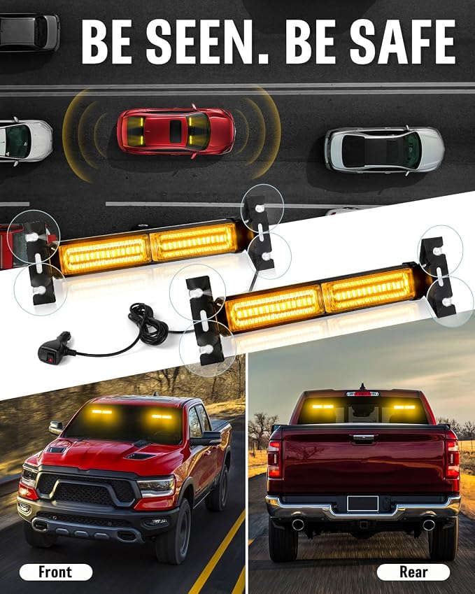 HLauto 1002L Emergency Strobe Traffic Advisor Light Bar: 40LED Dash Safety Warning Flashing Front/Rear Windshield Visor Light for Construction Vehicle, Trucks (2x10.7inch, Amber)